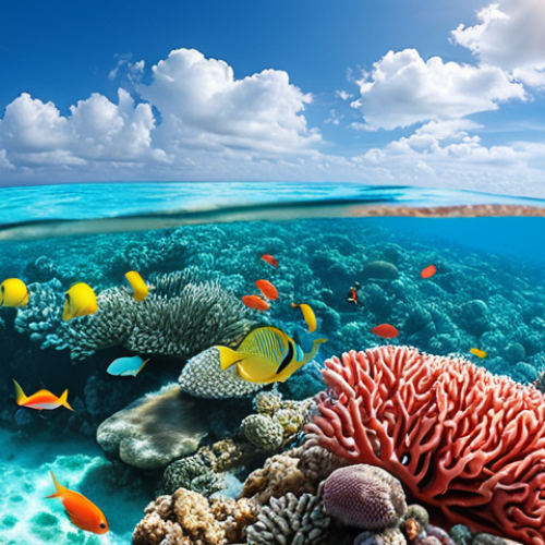 Home 15 **Turquoise waters surrounding a vibrant coral reef, colorful fish swimming, sunny sky reflecting on the sea.**