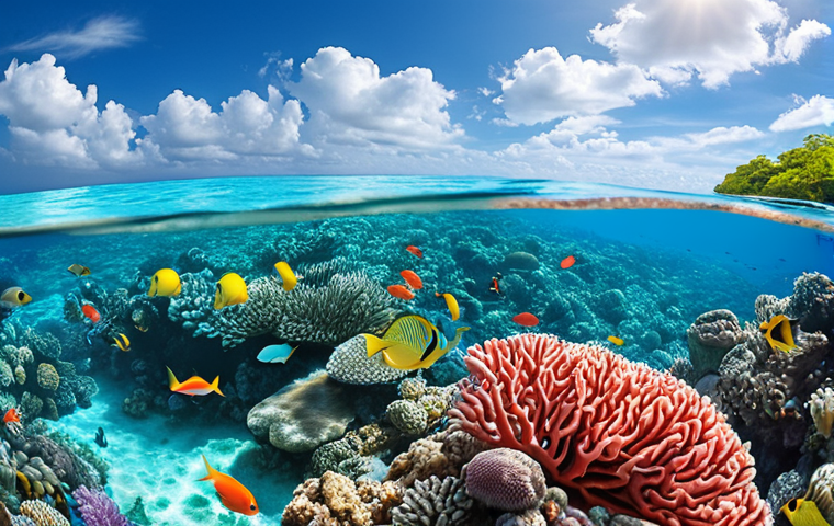 **Turquoise waters surrounding a vibrant coral reef, colorful fish swimming, sunny sky reflecting on the sea.**