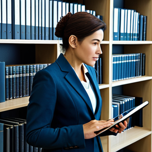 Home 14 **
A modern office scene depicting a publisher (male or female, fully clothed in professional attire) reviewing manuscripts. Bookshelves line the walls in the background. The scene emphasizes innovation with a subtle integration of technology (e.g., a tablet displaying digital book layouts). Add "safe for work", "appropriate content", "fully clothed", "professional", "perfect anatomy", "natural proportions", "high quality".
**