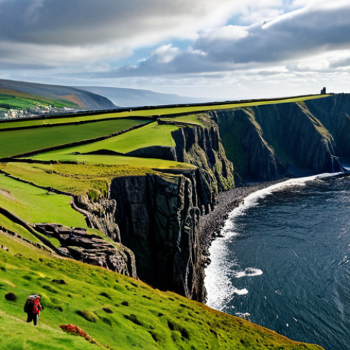 Home 7 Coastal Cliffs of the Isle of Man**
"A scenic view of the Isle of Man's coastal cliffs, rugged terrain meeting the sea, green hillsides in the background, dramatic sky, fully clothed figures hiking in the distance, safe for work, appropriate content, perfect anatomy, natural proportions, professional landscape photography, high quality, family-friendly, modest scenery."
**