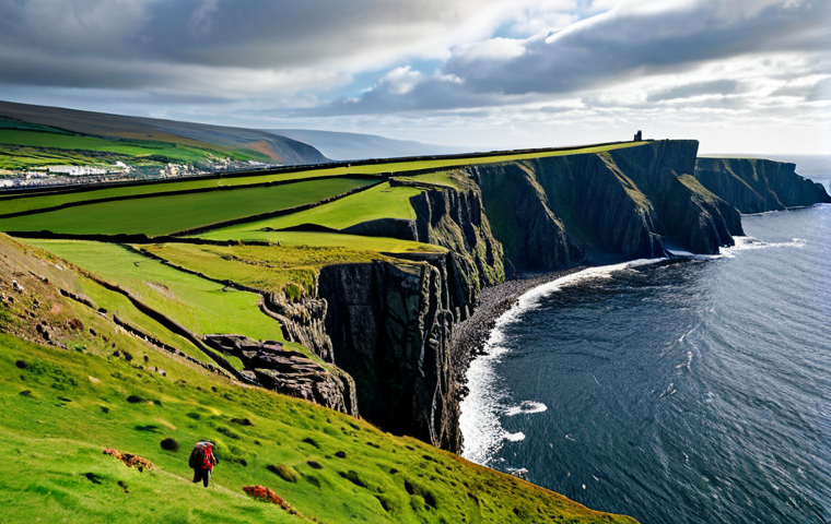 Coastal Cliffs of the Isle of Man**

"A scenic view of the Isle of Man's coastal cliffs, rugged terrain meeting the sea, green hillsides in the background, dramatic sky, fully clothed figures hiking in the distance, safe for work, appropriate content, perfect anatomy, natural proportions, professional landscape photography, high quality, family-friendly, modest scenery."

**